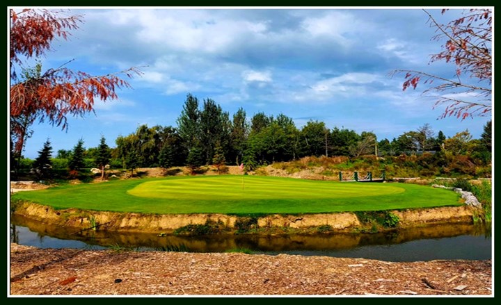 The TPC Sawgrass-inspired island green at Julianstown Golf Club, surrounded by water