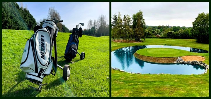 Golf bags on the fairway and island green at Julianstown Golf Club